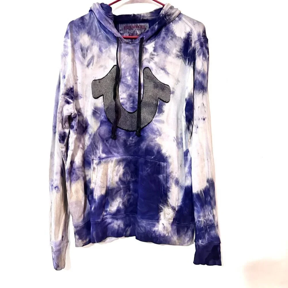 True Religion Tie Dye Hoodie Pullover Sweatshirt Blue Size Medium Unisex Dyed